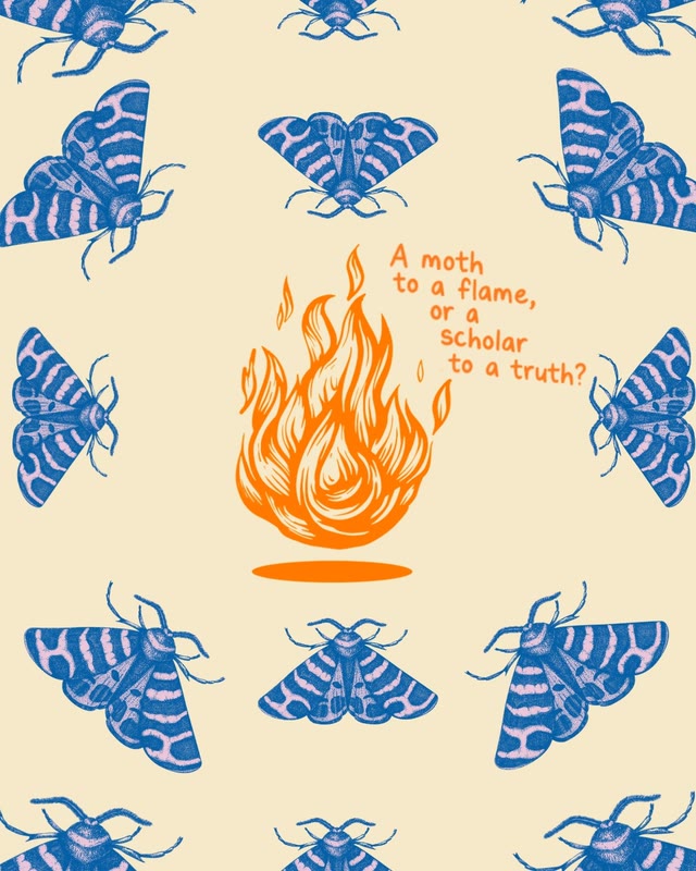Illustration: blue moths circling an orange flame, asking a moth to a flame, or a scholar to a truth